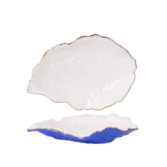 Pair of Lilly Pulitzer Ceramic Oyster Appetizer Plates - Blue & White with Gold - Picture 6 of 6